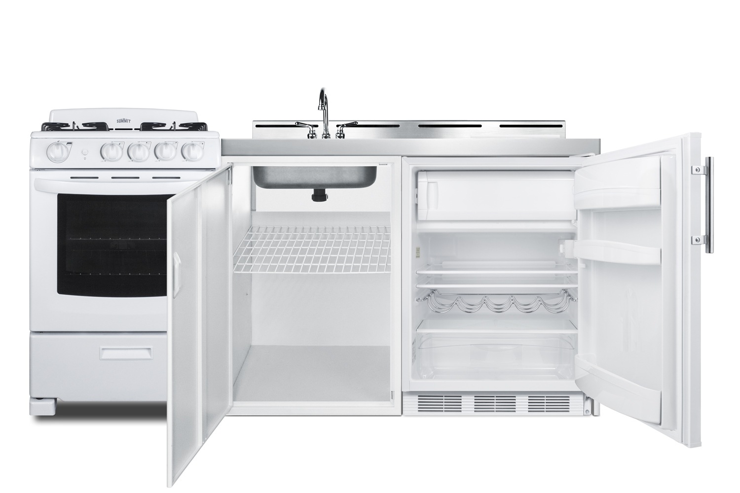 72 inch wide all-in-one kitchenette with 115V 4-burner gas range, refrigerator-freezer, sink, cutting board and cutlery storage, and a storage cabinet